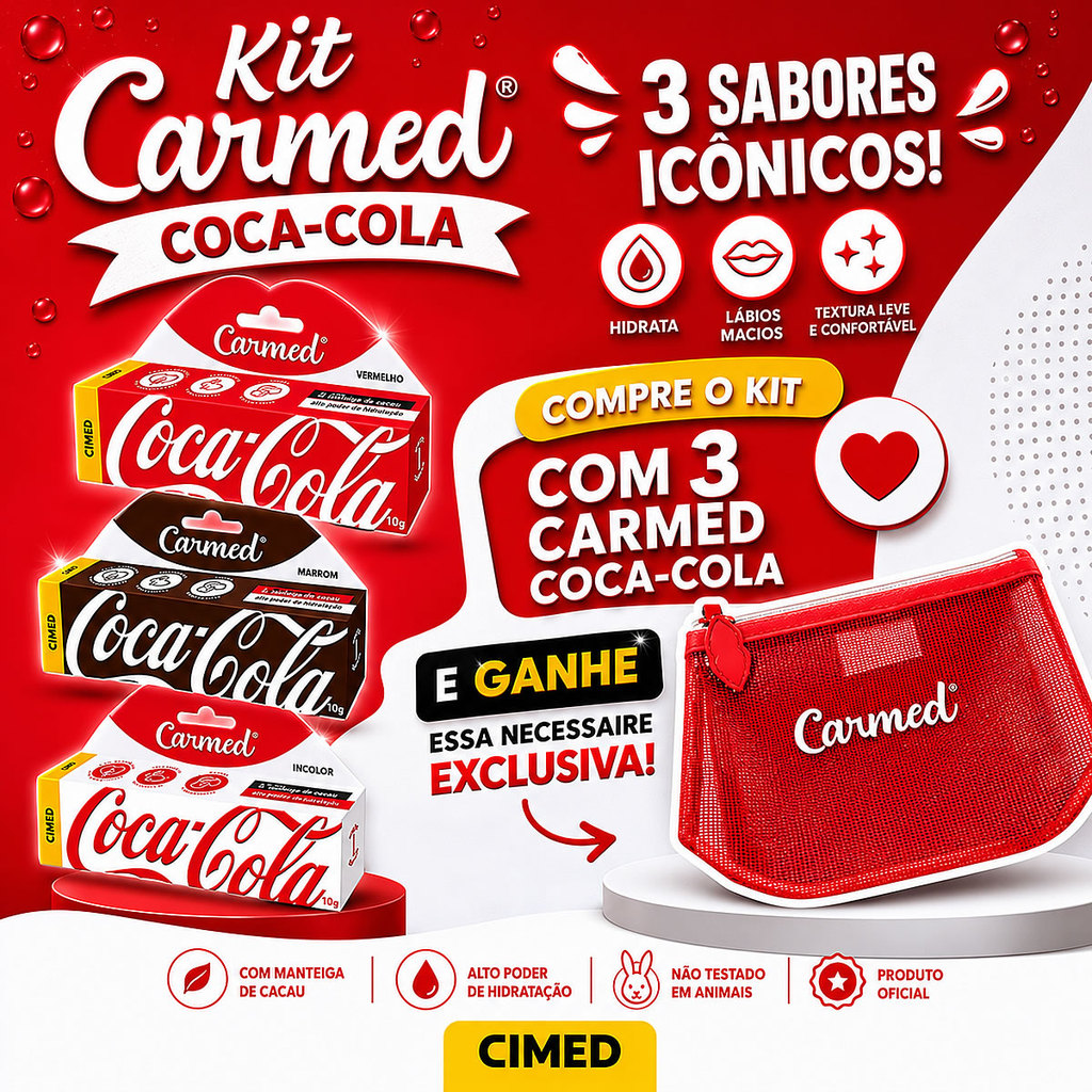 Kit 3x Carmed Coca-Cola Incolor, Vermelho e Marrom + Necessaire Carmed Exclusiva