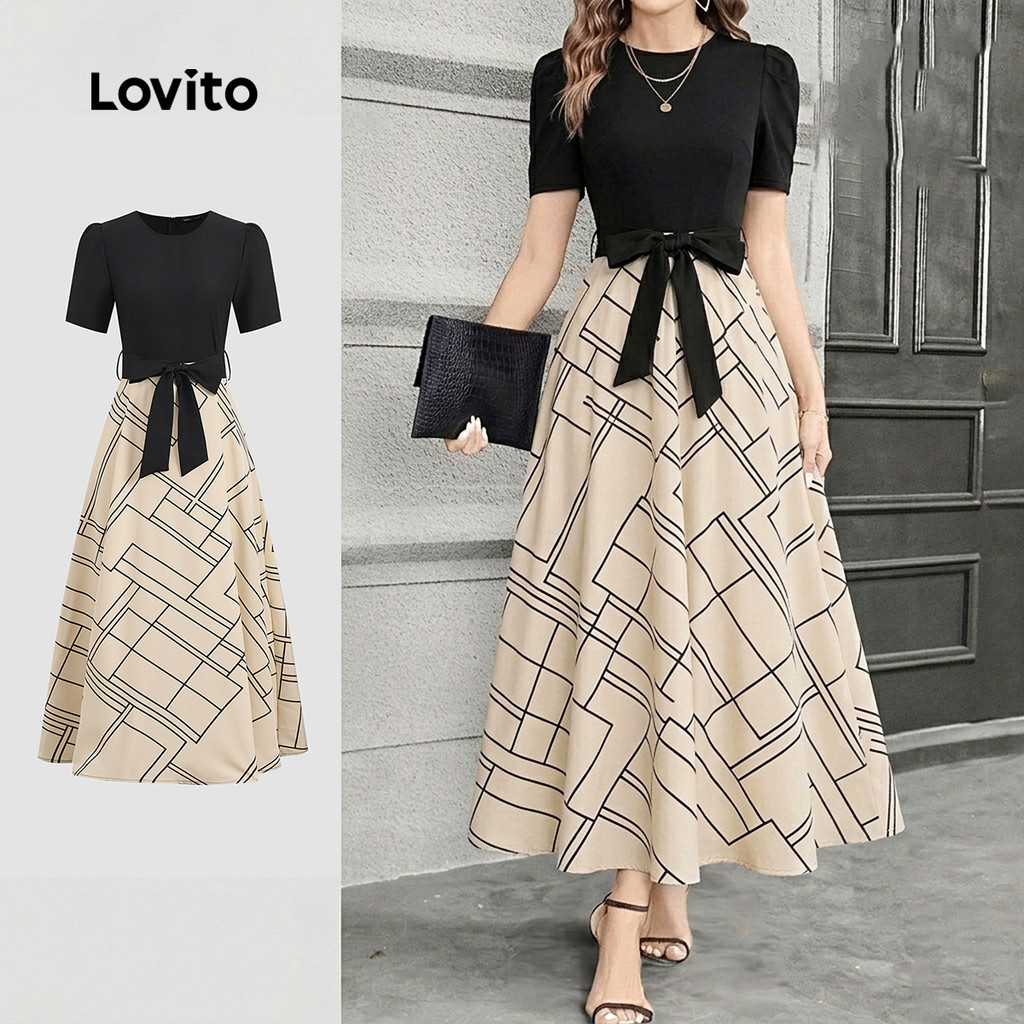 Lovito Vestido Geométrico Elegante de Manga Longa com Blocos de Cores para Mulhe