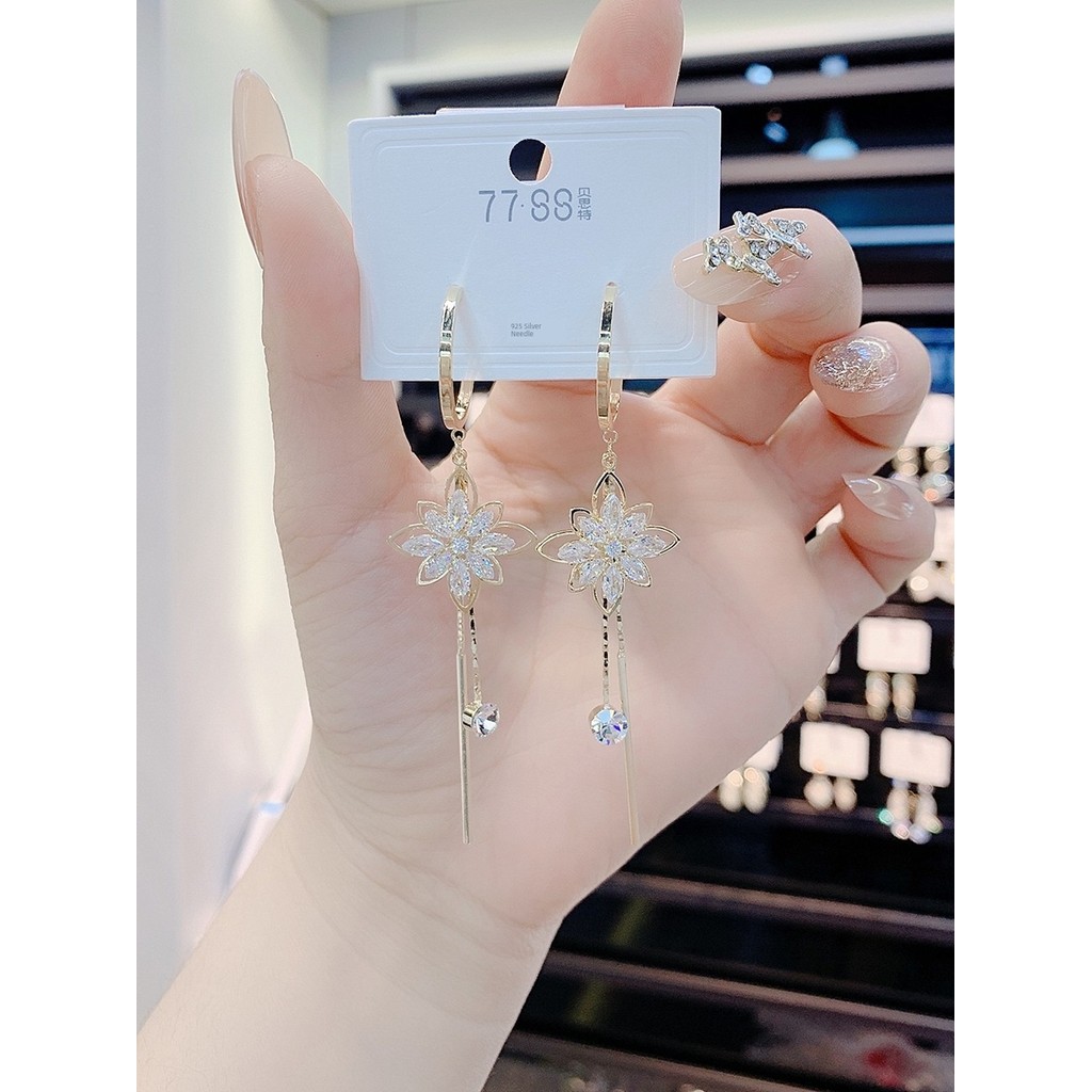brinco de pressao feminino brinco feminino Flor de cristal borla temperamento feminino influenciador agulha de prata de