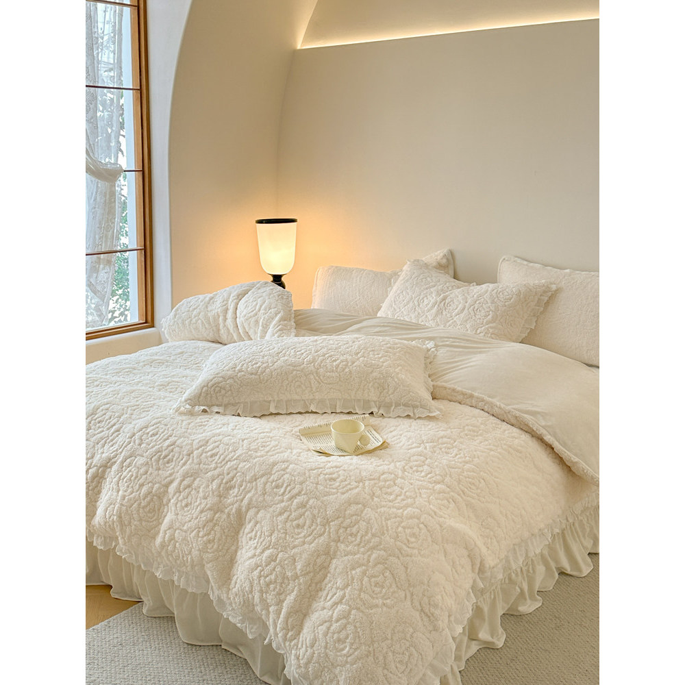 Inverno fada Teddy velo pelúcia engrossado conjunto de quatro peças estilo princesa acolchoado capa de cama dupla face p