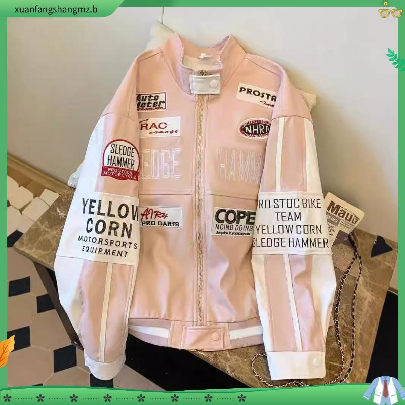 Jaqueta de Couro Rosa Chique Hong Kong Estilo Motocicleta pu de Couro Uniforme de Baseball Feminino Outono Inverno High