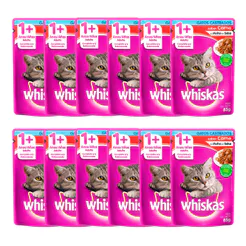 Kit 12 Ração Úmida para Gatos Whiskas Adultos 1+ Anos Castrados Sabor Carne em Sachê 85g