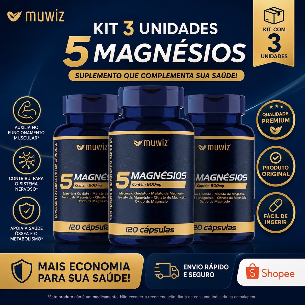 KIT 3 UNIDADES: 5 Magnésios Muwiz (120 Cápsulas) | 360 Cápsulas | Saúde Muscular e Bem-Estar