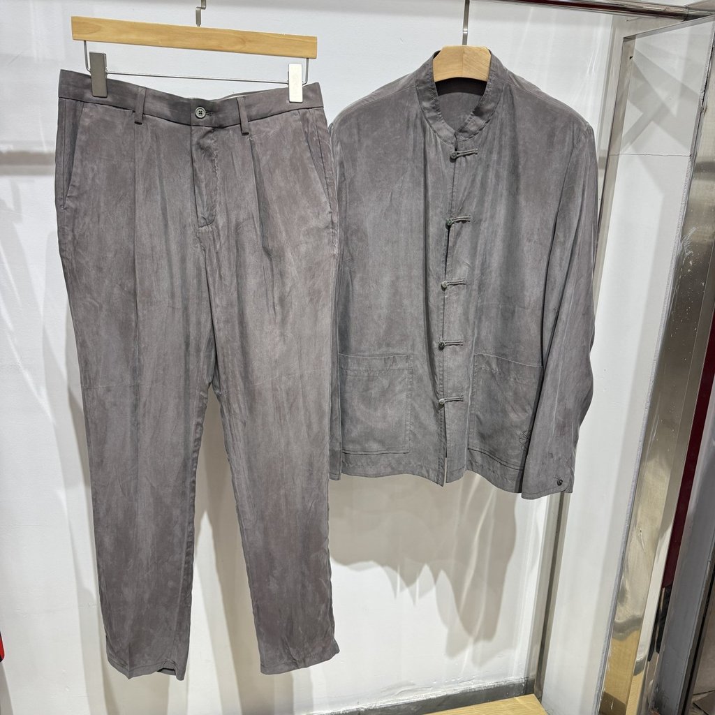 Yiw masculino cobre fibra de amônia tecido antibacteriano Tang terno fivela gola cinza verde terno Zhongshan terno calça