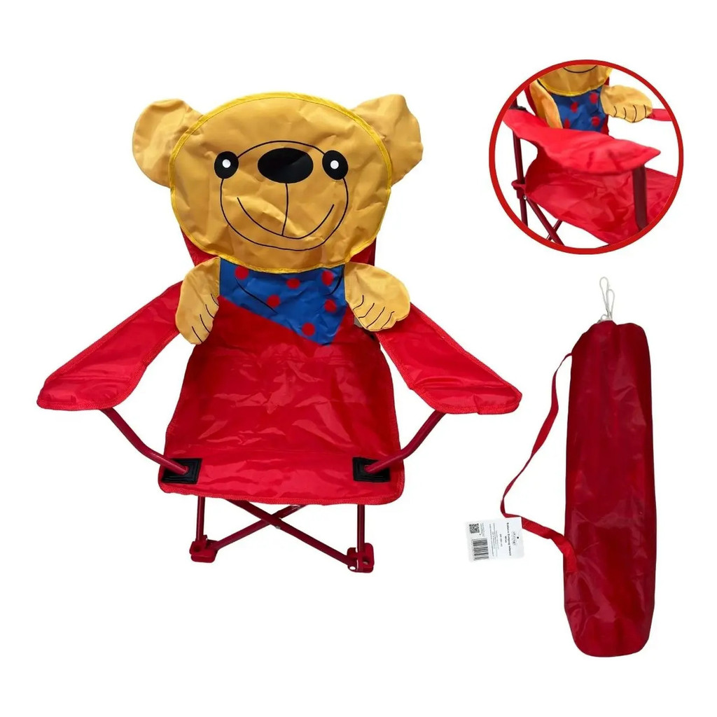 Cadeira Camping Infantil Dobrável Urso Poliéster Apoio Braço Bolsa Transporte