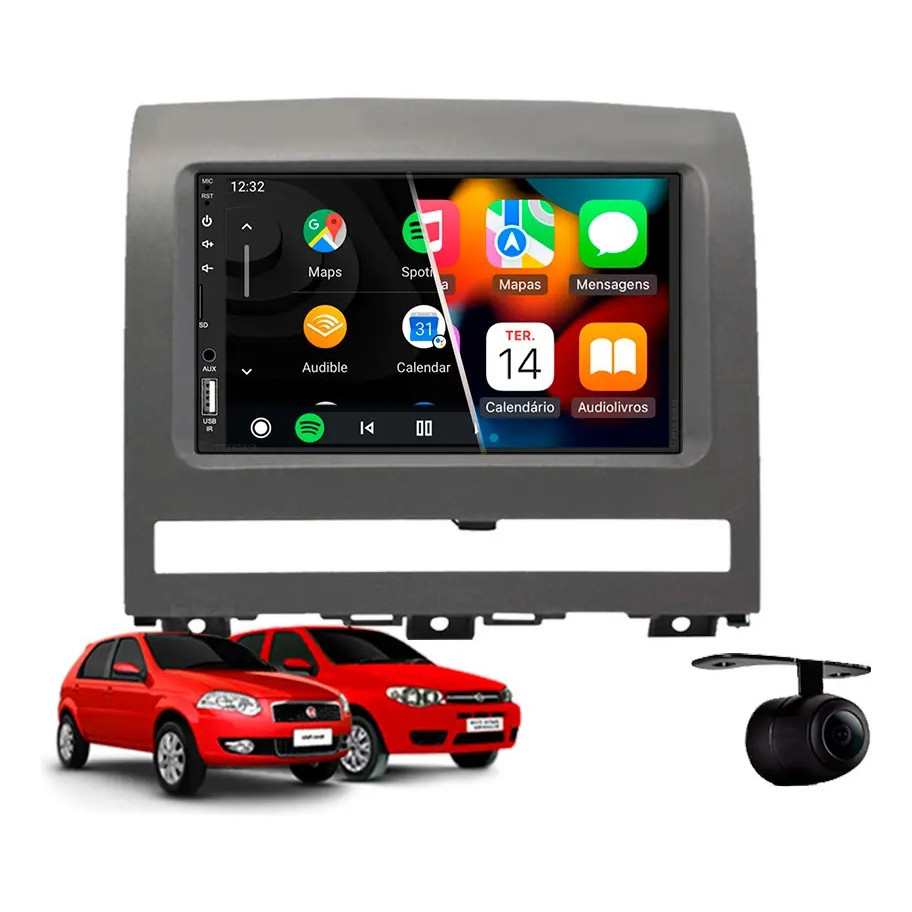Central Multimídia Carplay Fiat Palio Cinza 2004 À 2012