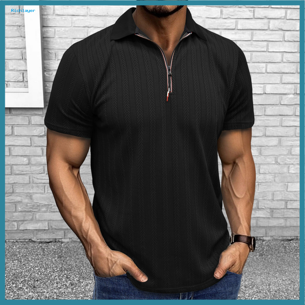 Men Polyester Top Jacquard Men's Summer Thin Short Sleeve Zipper Lapel Shirt Lightweight Pullover Loose Fit Casual for T