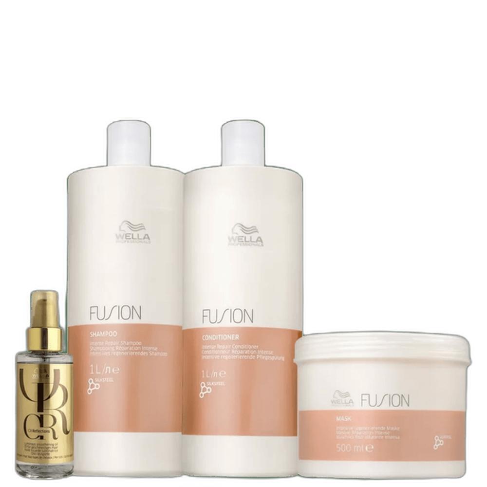 Kit Wella Professionals composto por shampoo, condicionador, máscara de tratamento e óleo capilar em embalagens profissionais