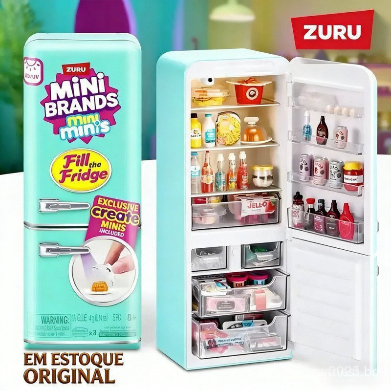 Caixa de brinquedos de geladeira da marca ZURU Mini, conjunto de geladeira em miniatura, conjunto de alimentos em miniat