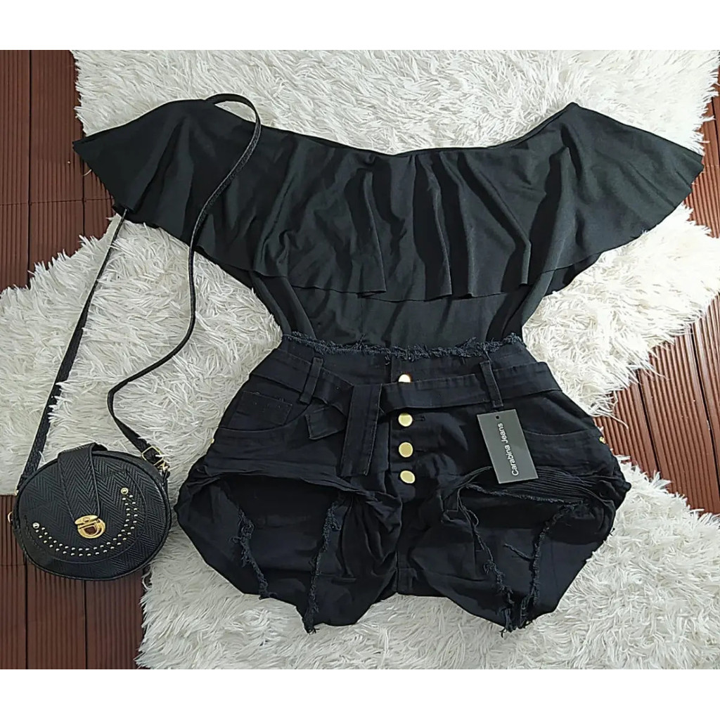Kit Conjunto Body Babadinho Floral/liso+short Preto  Botões