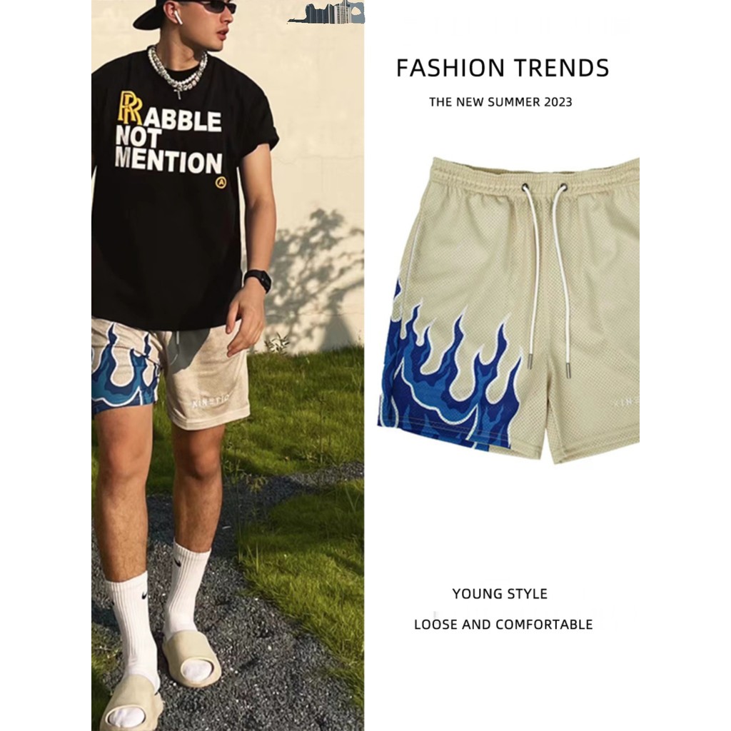 Americano joelho-lazer calças de basquete masculino All-Match Street Wear chama Shorts correndo esportes lazer de secage
