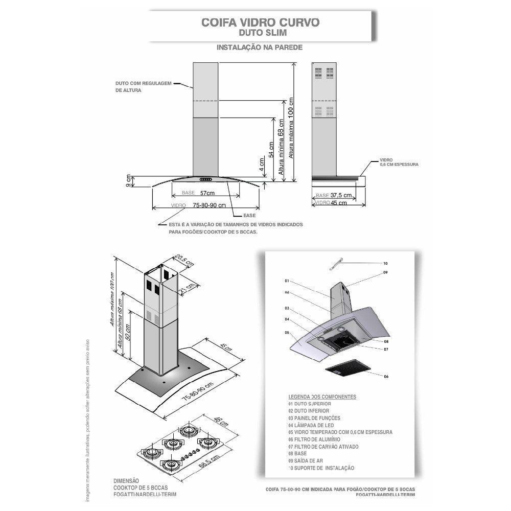 Coifa de Parede Terim Vidro Curvo Parede Inox 75cm 5 Bocas com Led 110V · foto 2