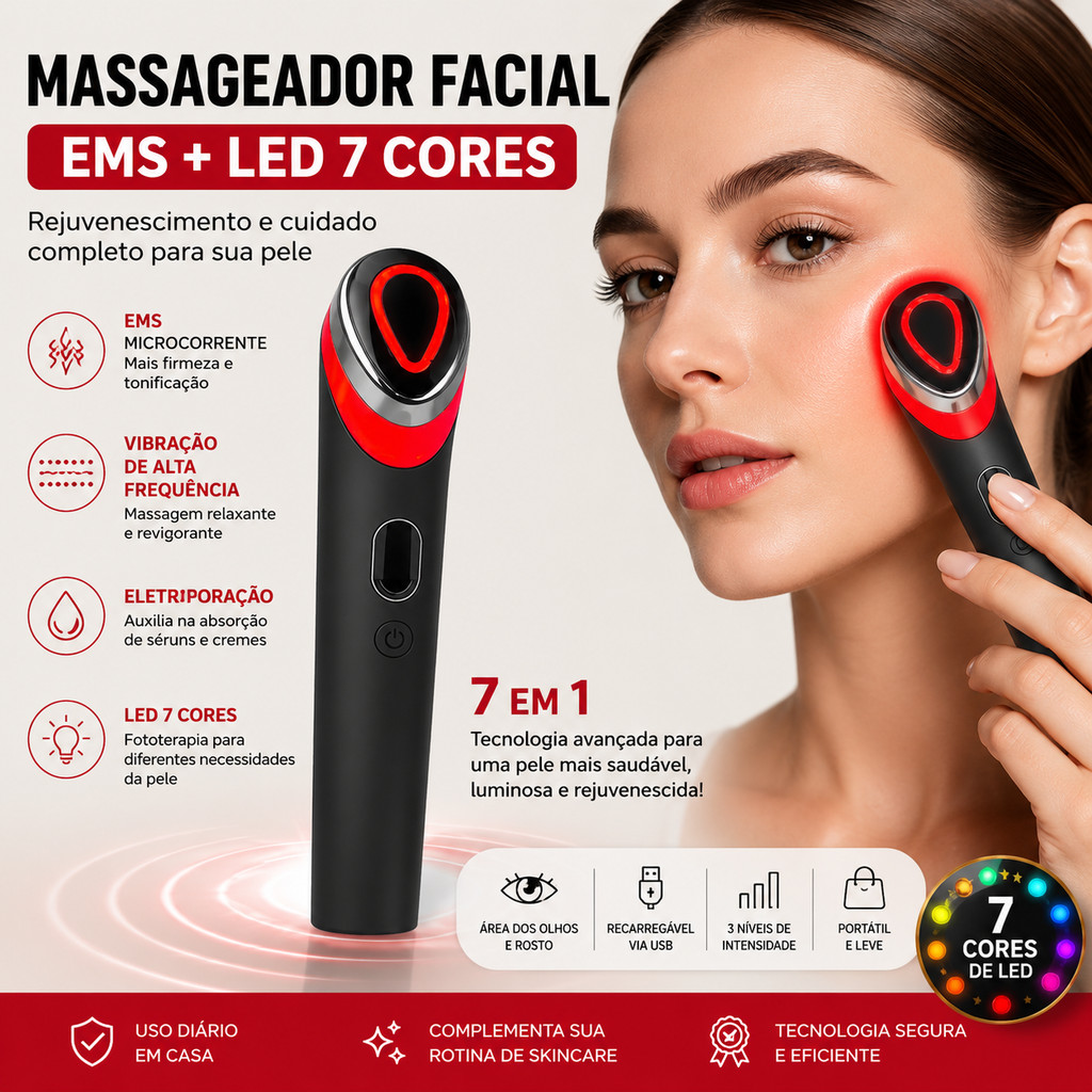 Massageador Coreano Facial e Olhos EMS LED 7 Cores Recarregável USB Microcorrente Anti-idade Firmeza