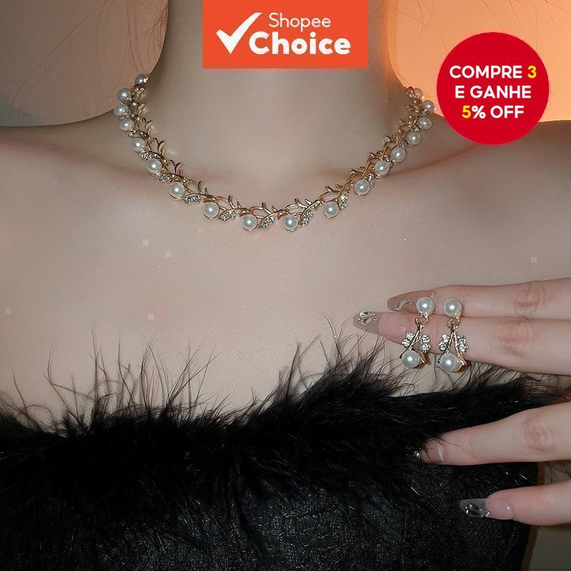 Conjunto De 3 Peças De Colar E Brincos De Pérolas Incrustadas De Diamantes Retrô Joias Da Moda De Alta Qualidade