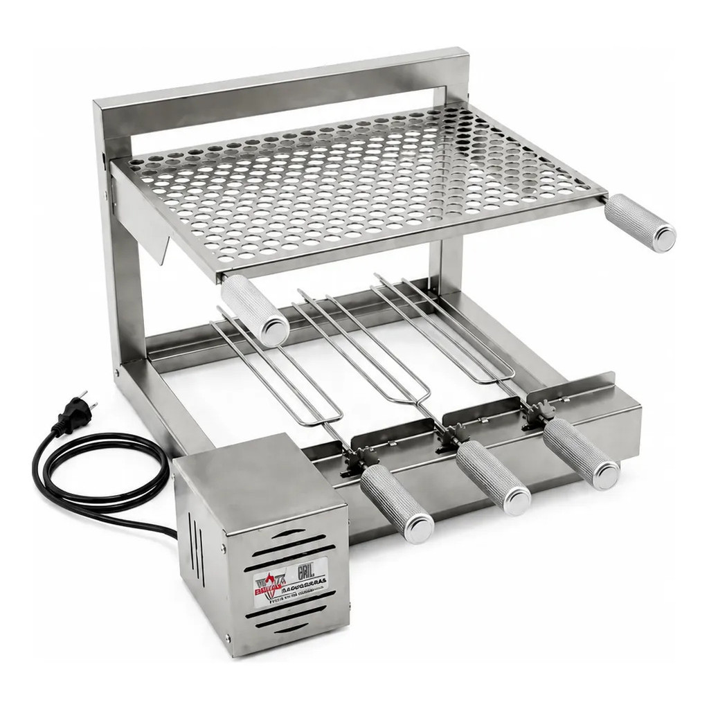 Churrasqueira Gira Grill Churrasco Assar Carne 3 Espetos Inox Grelha Flutuante Brasa Grill