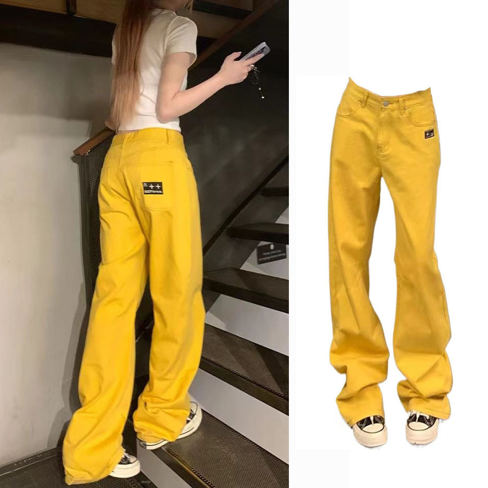 Primavera verão rua Casual onda placa amarelo perna larga Jeans feminino Millennium menina quente frito rua solto bordad