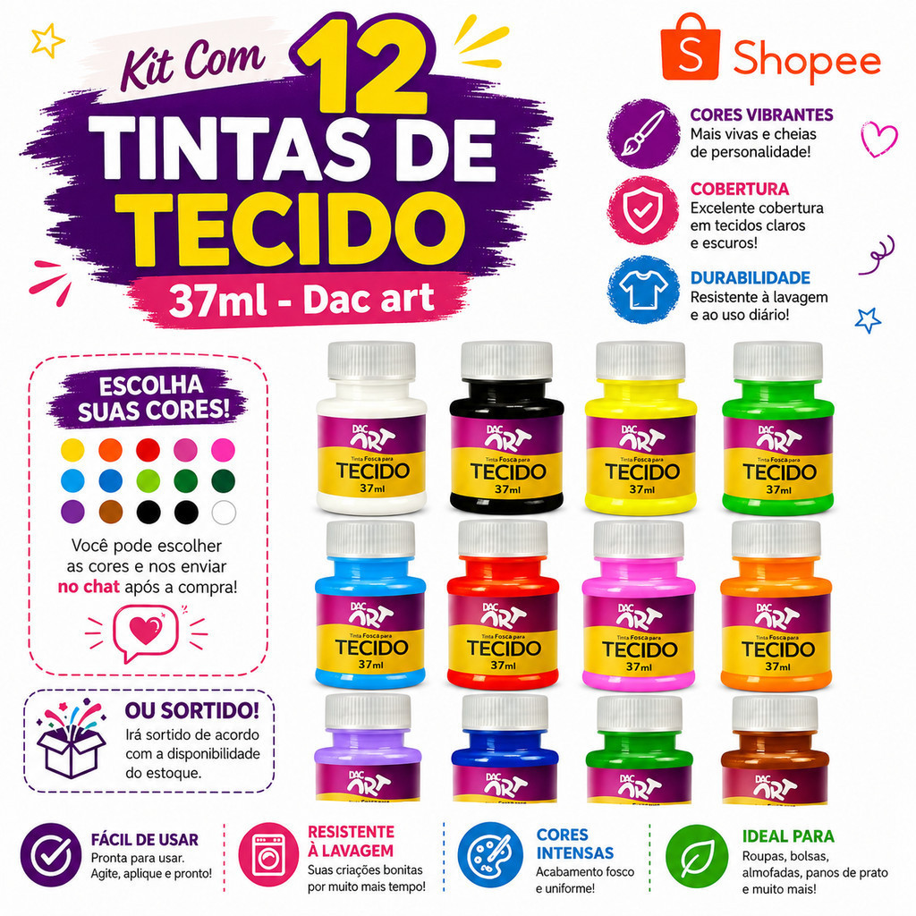 Kit Com 12 Tintas De Tecido art - 37ml / Dac