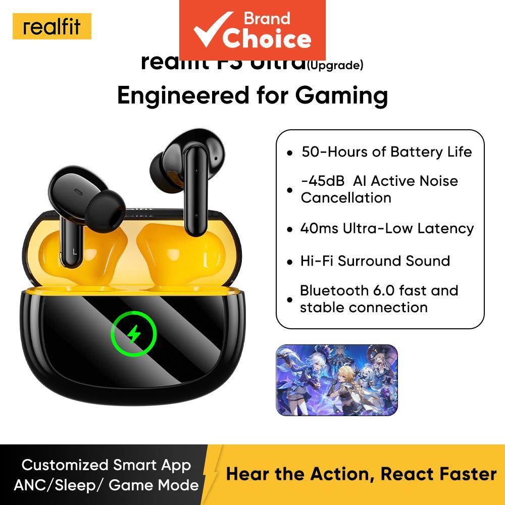 Realfit F3 Ultra Fones de Ouvido Preto TWS -45dB ANC Carregamento Flash Graves Profundos Bateria 50H Configuração EQ no