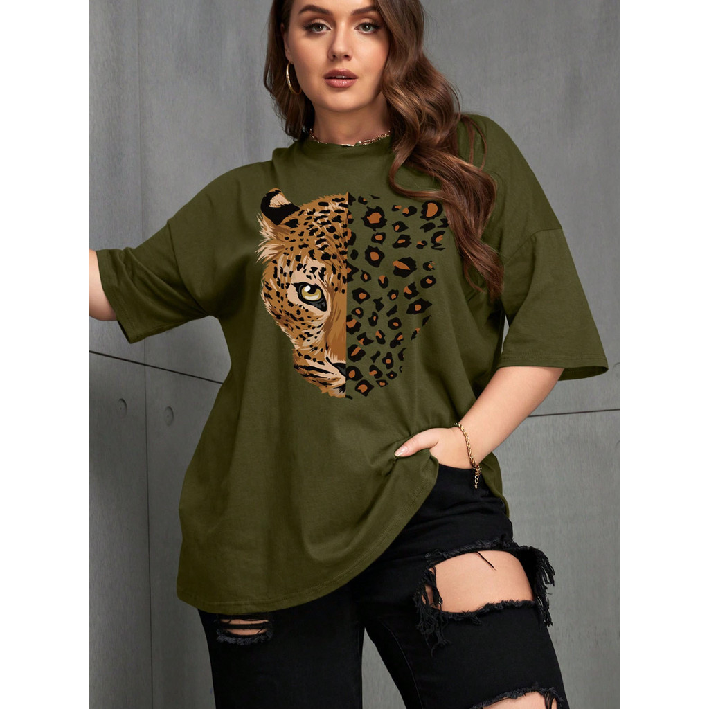 Tshirt Feminina Estilosa Estampada Onça Pintada Lançamento Camiseta 100% Algodão Camisetão Camisa Oversized Plus Size 
