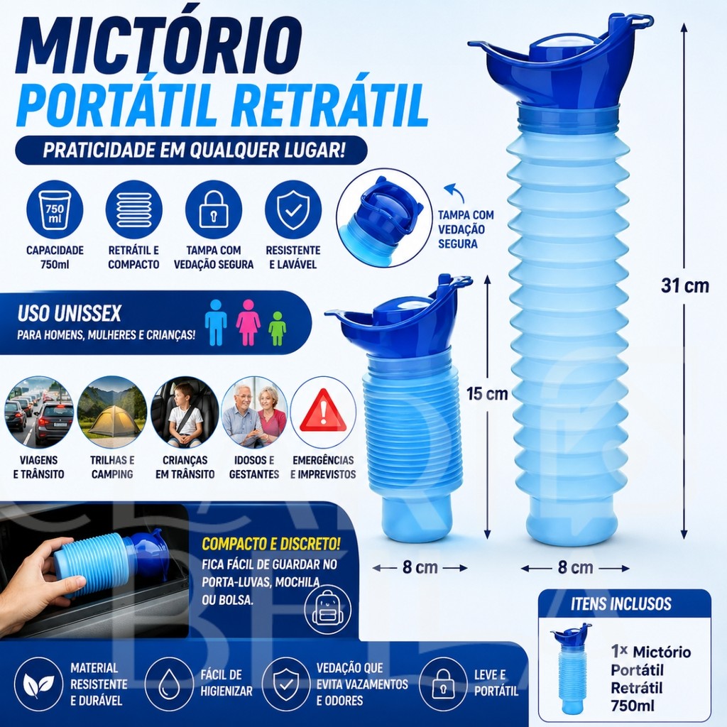 Mictório Portátil Retrátil 750ml Unissex Masculino Feminino Infantil Urinol Para Viagem Carro Camping
