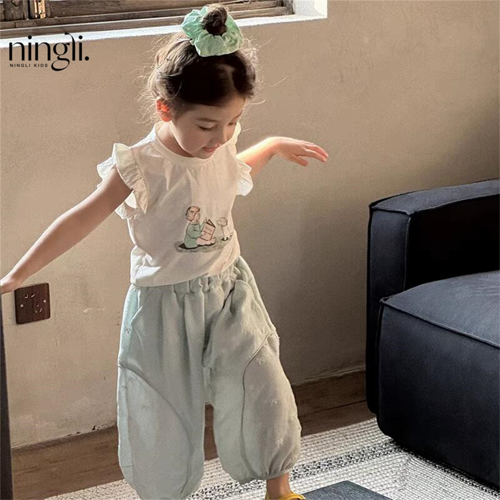 Estoque pronto [versão coreana roupas infantis] terno de bebê menina verão novo estilo infantil bonito renda desenho ani