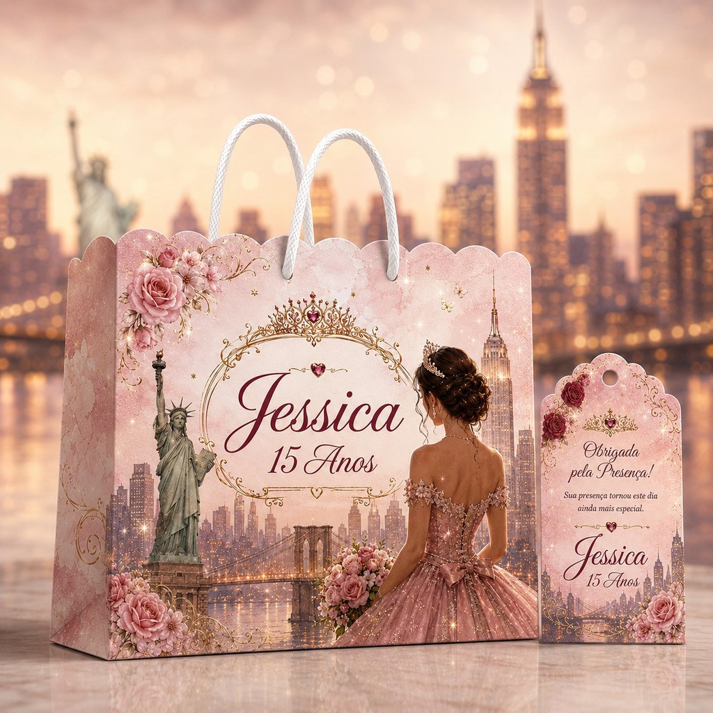 Kit Sacolinhas Personalizadas - Lembrancinha de Festa 15 Anos Cartão Postal Nova York 2 20x15cm + Tag 5x9cm (Mod.41)