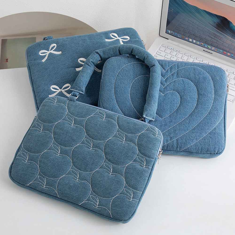 Bolsa para Laptop Bordada em Denim, Bolsa Interna para Notebook e iPad, 14 polegadas, Portátil, para Apple MacBook PPZB
