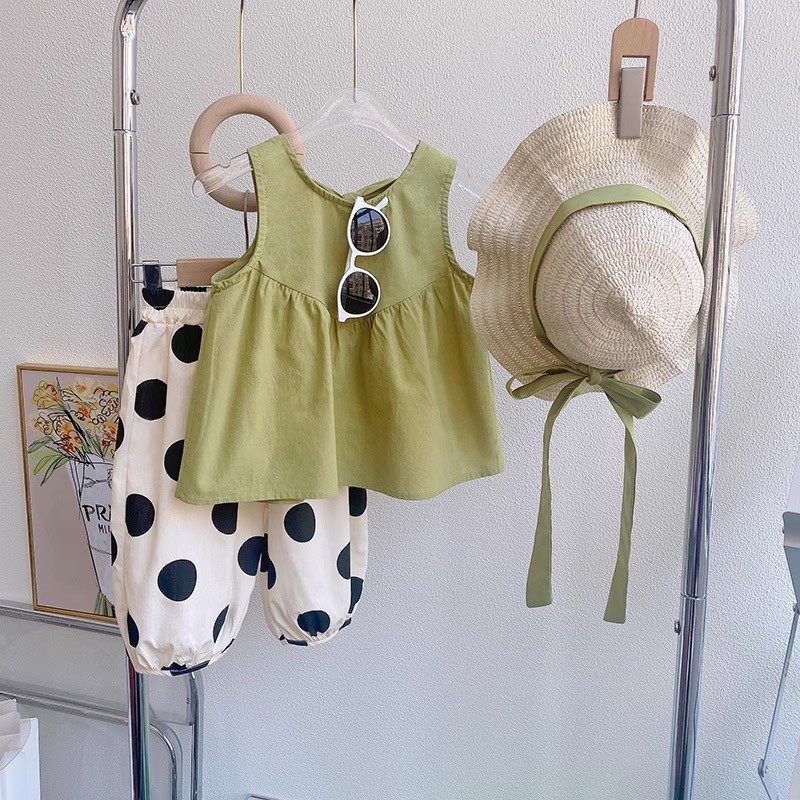 Meninas terno Casual 2026 novo estilo vestido de verão versão coreana moda bebê menina colete bolinhas Bloomers moda ter