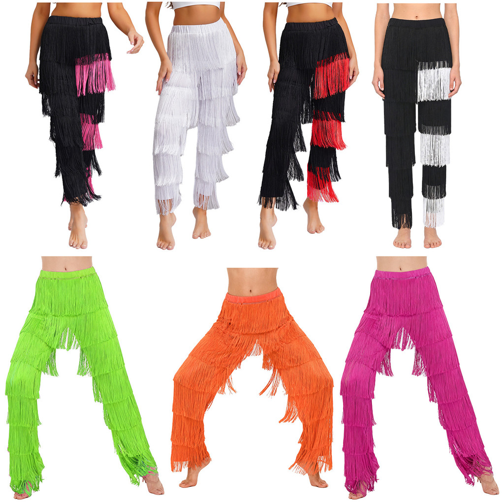 inhzoy Womens Latin Dance Fringe Pants Elastic Waistband Contrast Color Tassel Trouses Chacha Tango Rumba Dance Costume