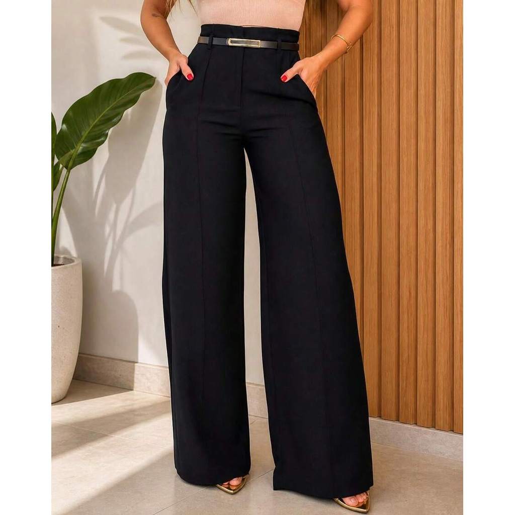 Calça Feminina Pantalona Alfaiataria Wide Leg Cintura Alta Com Cinto Casual Elegante