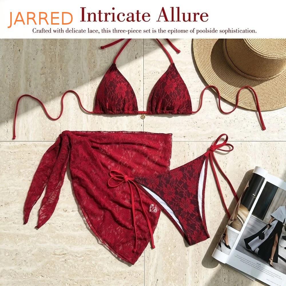 Conjunto De Biquíni Brasileiro JARRED , Saia Com Capa Halter , Roupa De Banho De Três Peças , Malha De Nylon , Renda Ver