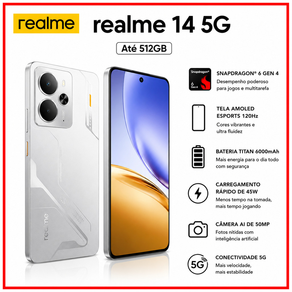 Celular Realme 14 5G 256/8GB RAM, 256/12GB RAM Câmera 50MP, Snapdragon® 6 Gen 4, Bateria 6000mAh ,Versão Global