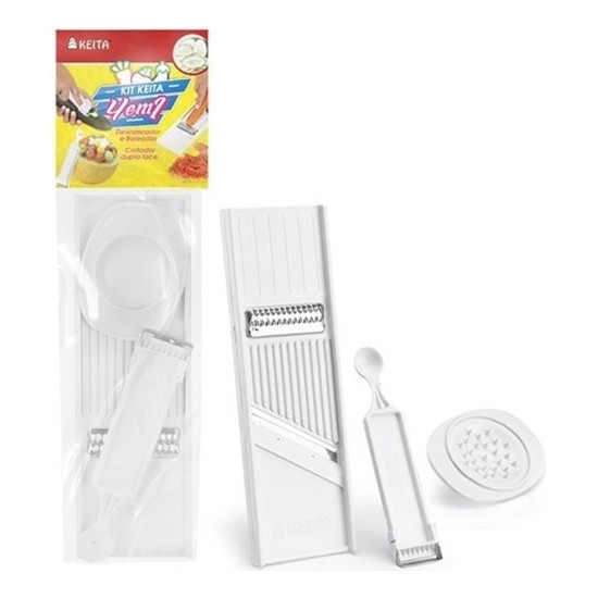 Kit 4 em 1 Descascador Boleador Cortador Legumes  Feito descascar, ralar, fatiar e bolear alimentos