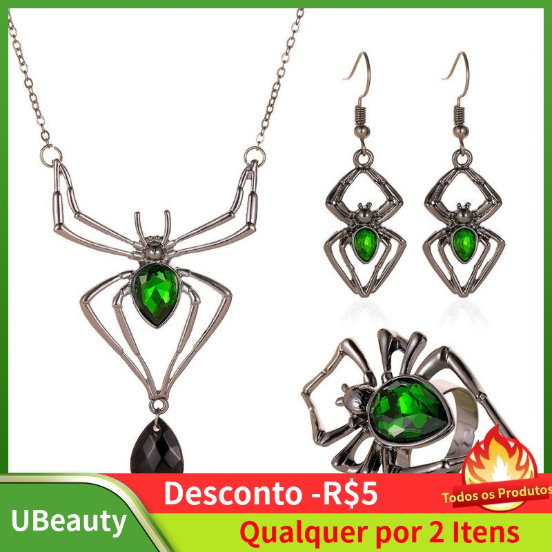 Conjunto de três peças: colar, brincos e anel com design de aranha, acessórios vintage com esmeraldas, joias de Hallowee