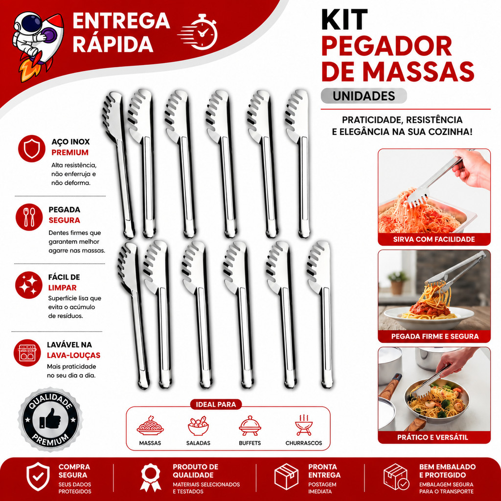 Kit 10 Pegador De Massas Macarrão 29cm Pinça Em Inox Grande