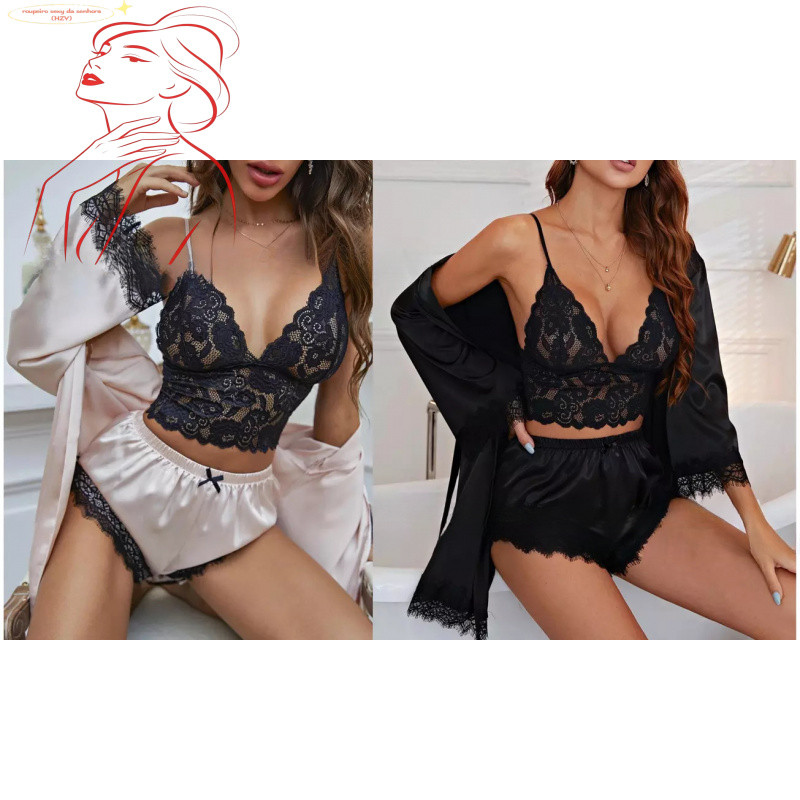 Conjunto de lingerie sensual de 4 peças, robe de seda feminino, conjunto de roupa de dormir sensual LK4K