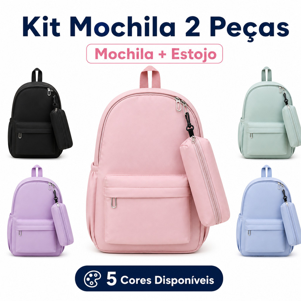 Kit Mochila 2 Peças (Mochila + Estojo) Náilon 5 Cores Unissex
