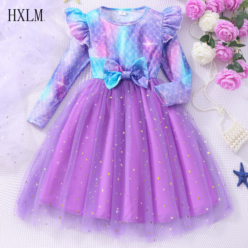 Vestido de Sereia de Manga Longa para Meninas, em Tule Roxo com Laço, Casual, Fofo e Doce para Bebês YO953