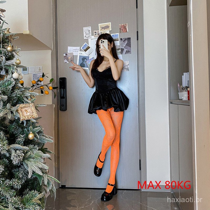 MURK Orange Fishnet Socks with Floral Pattern, Black Sheer Stockings, Thin Base Socks, Hollow Jacquard Mesh Stockings, S