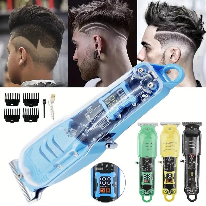 Máquina de Corte Profissional Masculina Recarregável LCD Transparente Sem Fio
