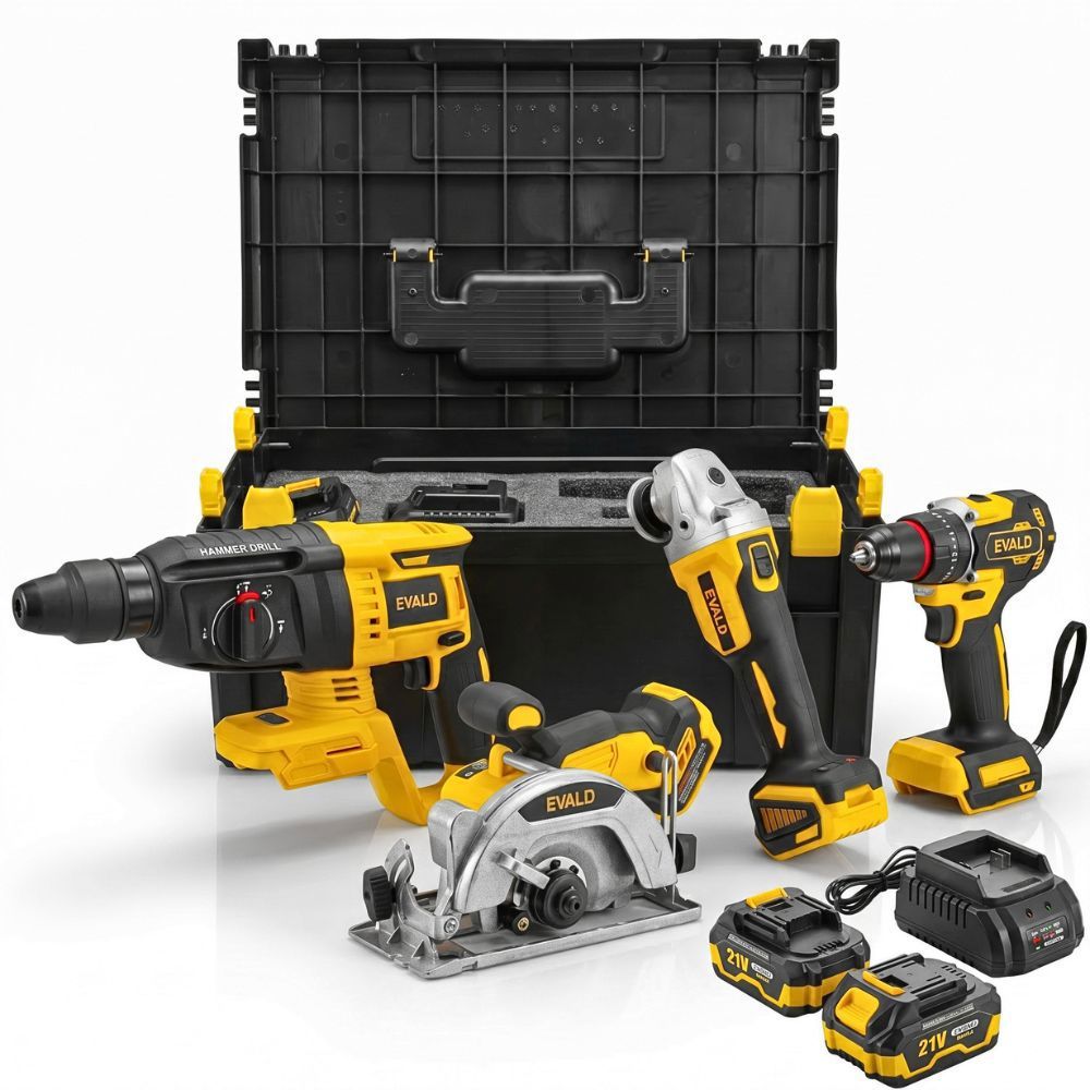 Kit Ferramentas 21V Brushless c/ Furadeira Impacto, Esmerilhadeira, Martelete e Serra Circular EVALD