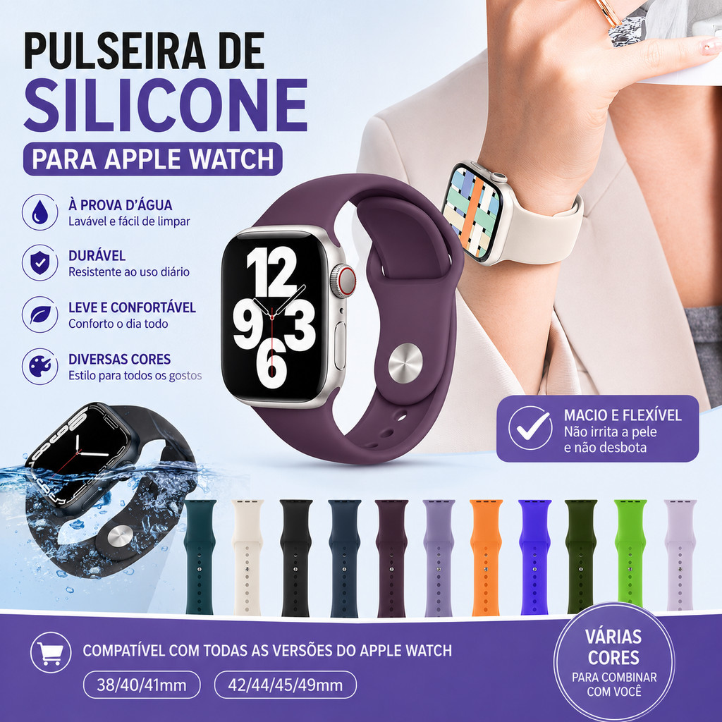 Pulseira Silicone Apple Watch 38mm 40mm 41mm 42mm 44mm 45mm 49mm Ultra Ajustável Esportiva Smartwatch