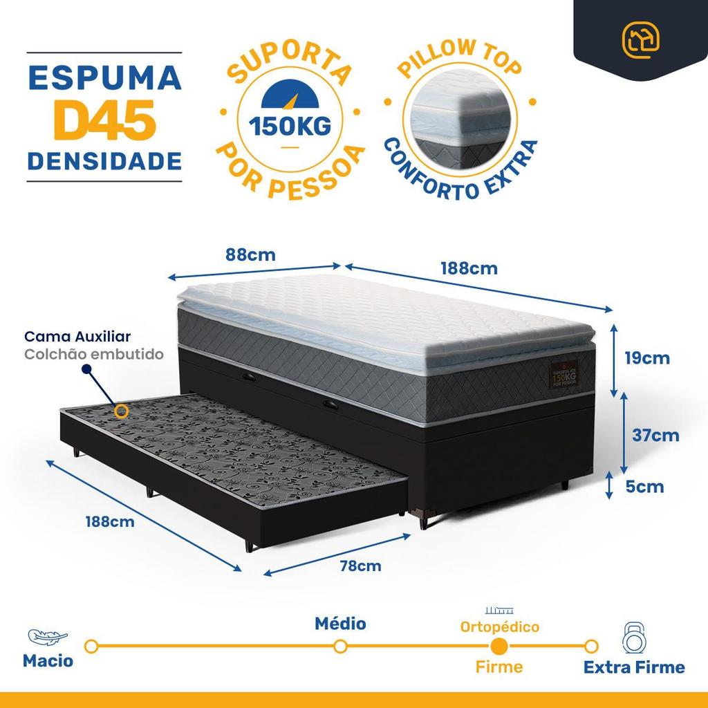 Cama Box Baú com Colchão de Espuma D45 Pillow Top Fort Comfort + Auxiliar Unique Solteiro 88cm — imagem 2 de 2
