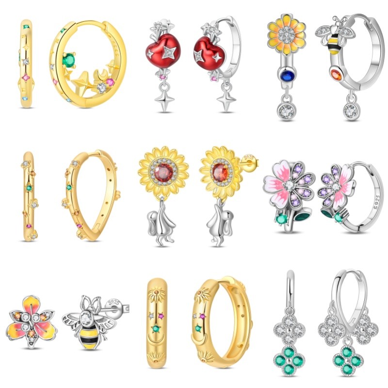 Brincos originais S925 prata margarida brincos abelha flor brincos trevo de quatro folhas brincos de diamante presente d