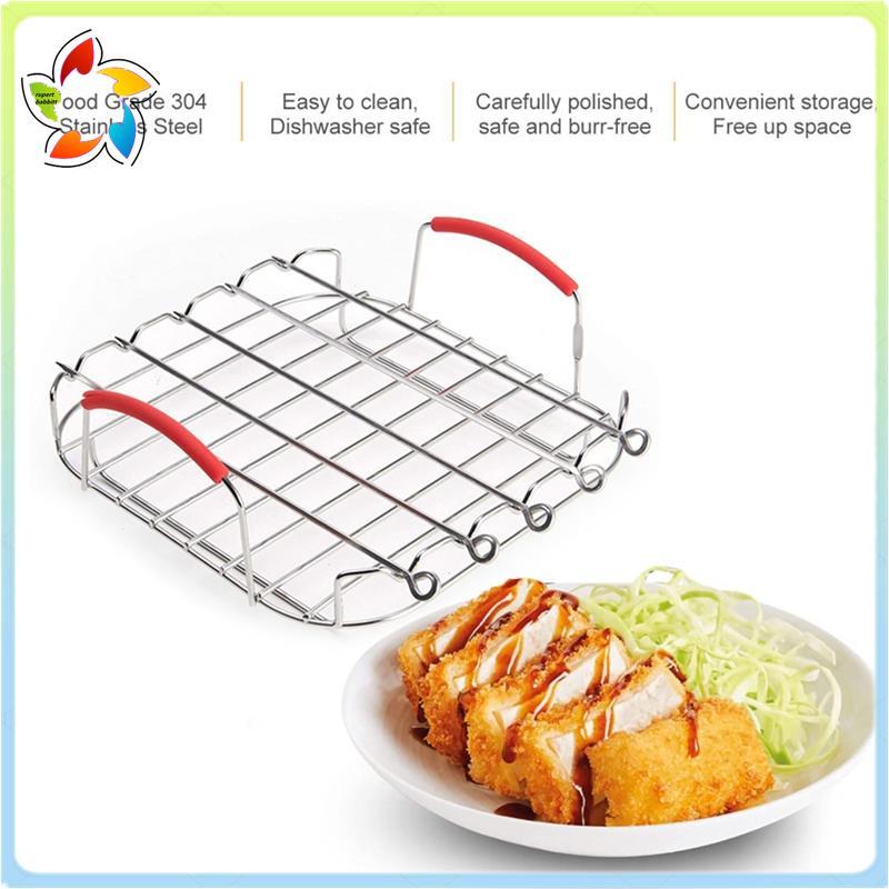 1 Pçs Versátil Quadrado Assar Grill Com Espetos Bandeja De Cozimento 9 Polegada Aço Inoxidável AirFryer Rack Titular