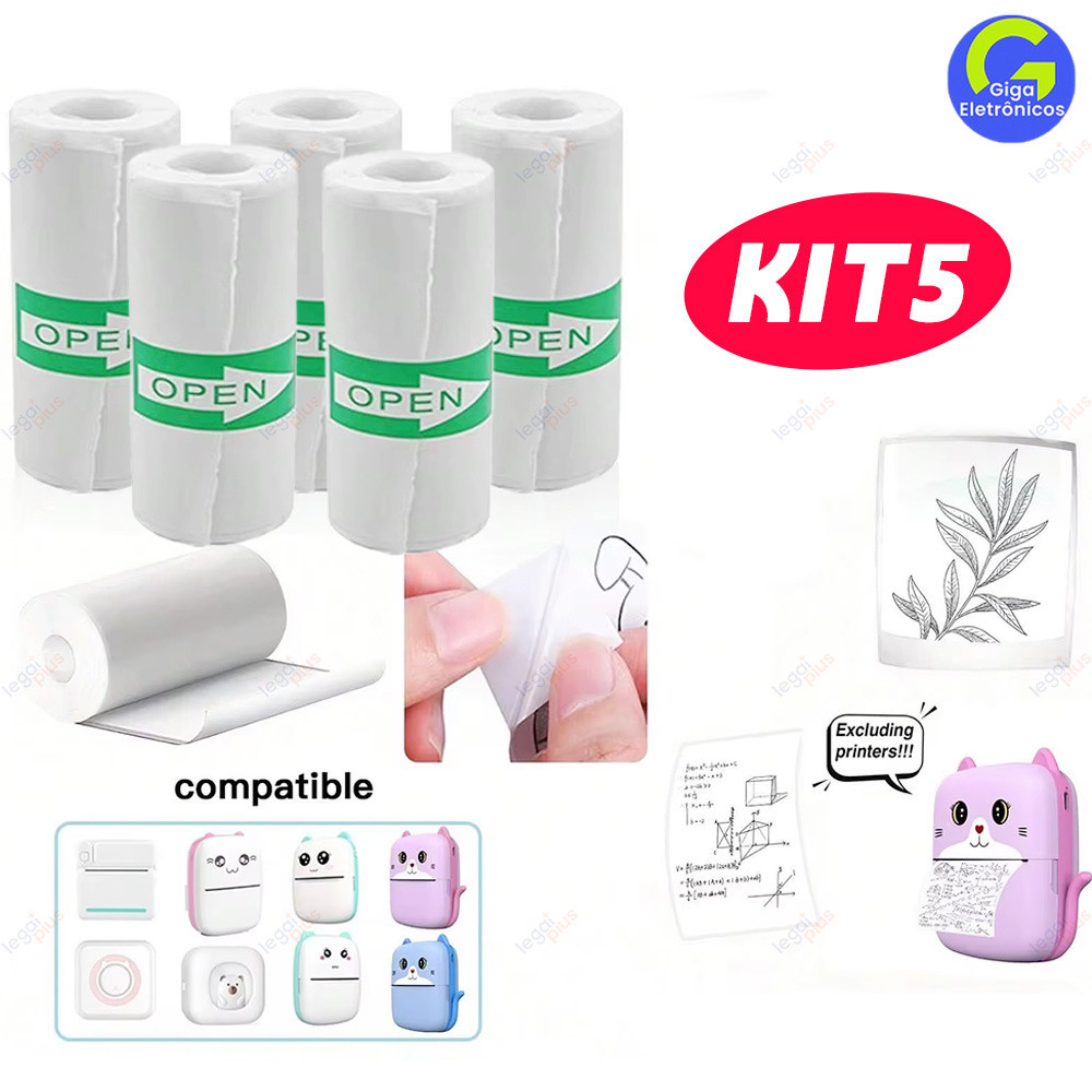 5 Rolos Etiquetas Térmicas Contínuas 55mm para Mini Impressora Gatinho