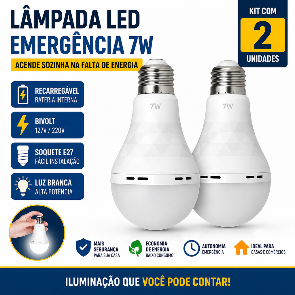 Kit 2 Lâmpadas LED Emergência Recarregável Acendimento Automático Falta de Luz
