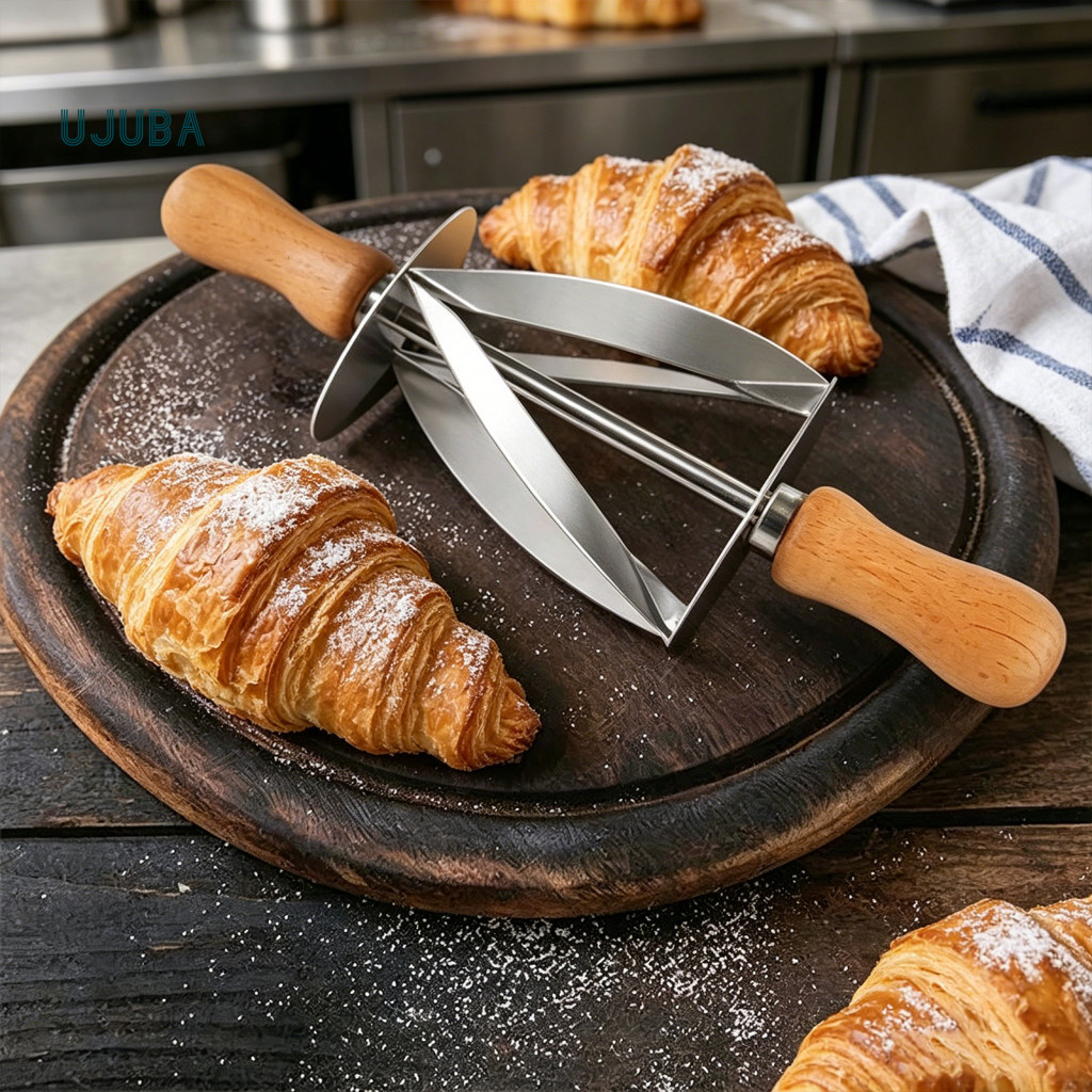 Croissant Slicer Dough Cutter Stainless Steel Roller with Wooden Handle – Triangle Pastry Pie Crust Pizza Bread for Ea
