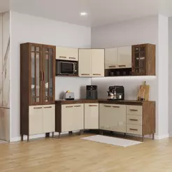 Cozinha Modulada Completa Fidelitá Lisboa 7 Peças 410cm 16 Portas 3 Gavetas Com Tampo Noce/Off-White