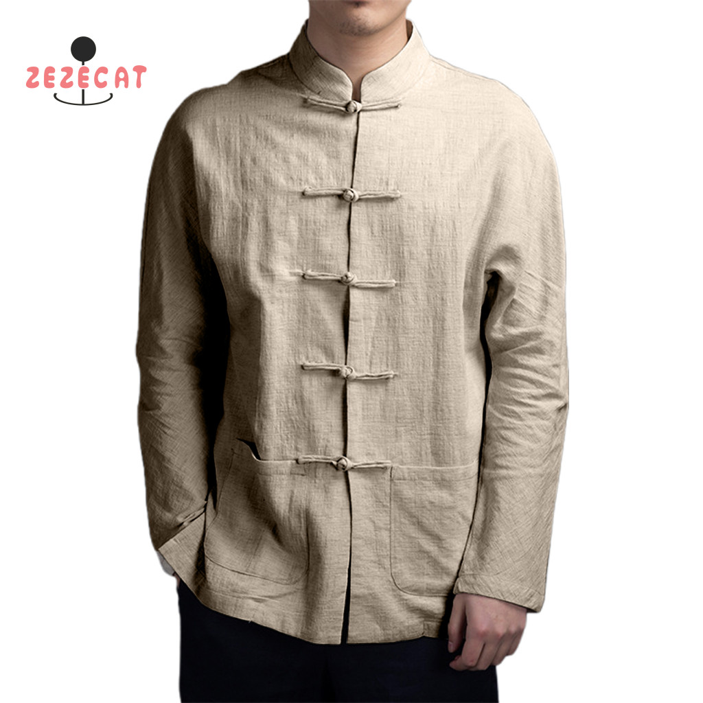 Men Long Sleeve Shirt Autumn Men's Chinese Style Mandarin Collar Tai Chi Kung Fu Top with Pockets and Traditional Disc f